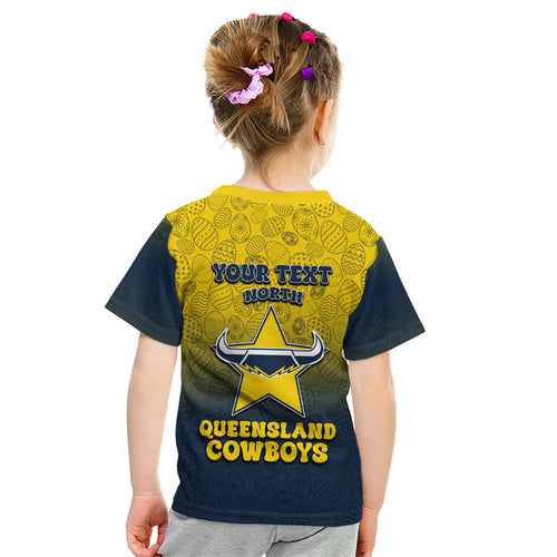 Personalized North Queensland Cowboys Kid T Shirt Easter Mascot - Colorful Eggs Cartoon Style