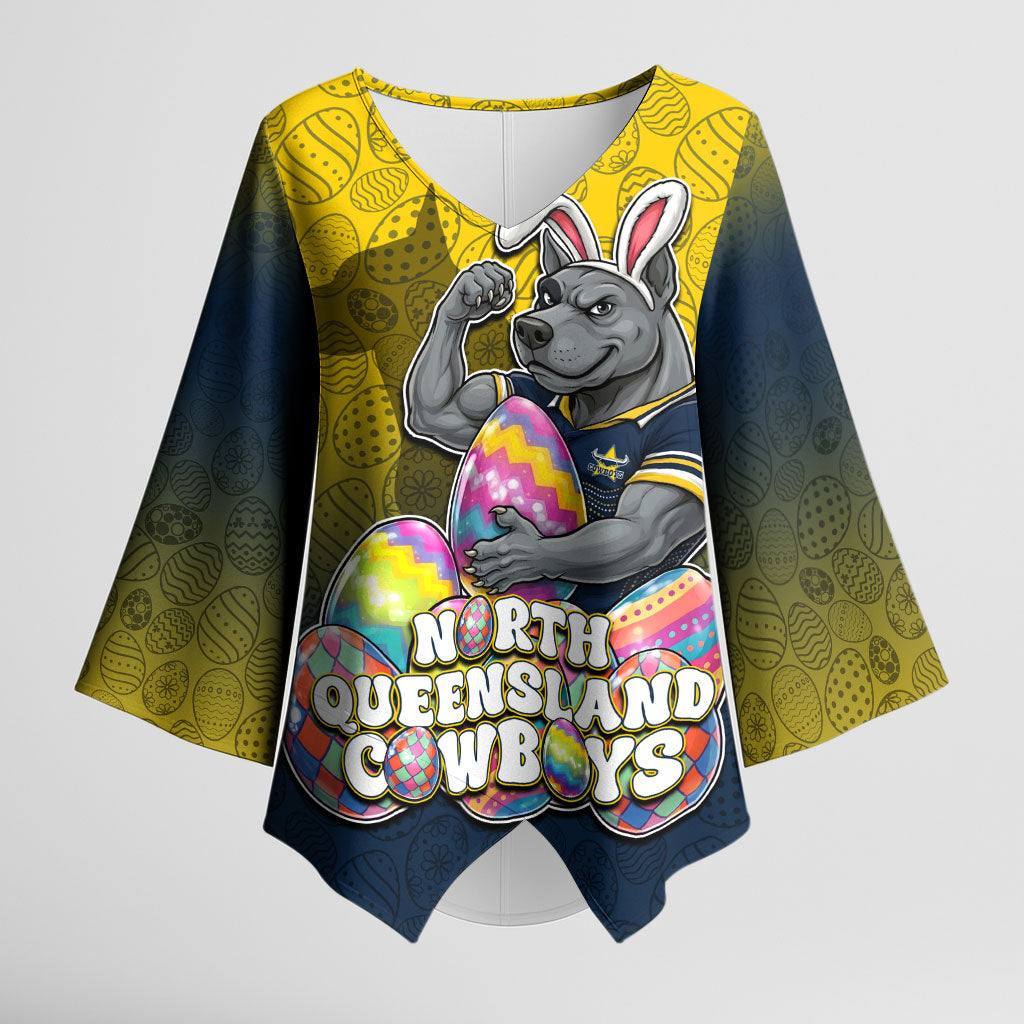 Personalized North Queensland Cowboys Kimono Sleeve Blouse Easter Mascot - Colorful Eggs Cartoon Style