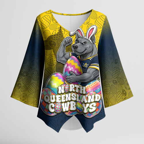 Personalized North Queensland Cowboys Kimono Sleeve Blouse Easter Mascot - Colorful Eggs Cartoon Style