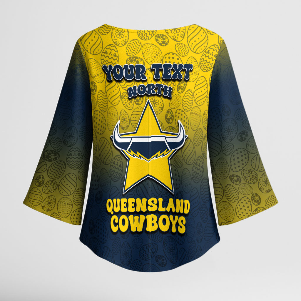 Personalized North Queensland Cowboys Kimono Sleeve Blouse Easter Mascot - Colorful Eggs Cartoon Style