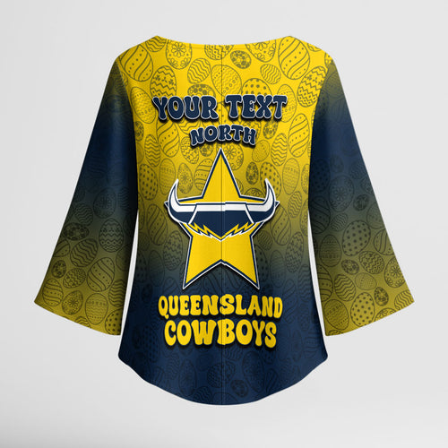 Personalized North Queensland Cowboys Kimono Sleeve Blouse Easter Mascot - Colorful Eggs Cartoon Style