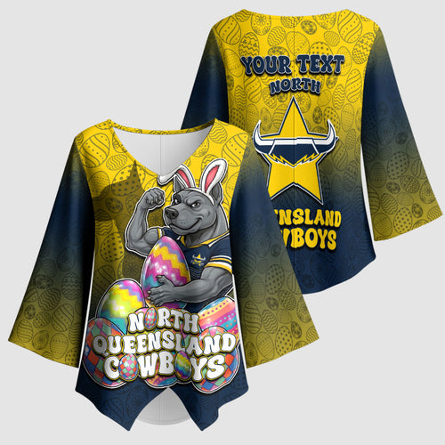 Personalized North Queensland Cowboys Kimono Sleeve Blouse Easter Mascot - Colorful Eggs Cartoon Style