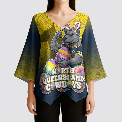 Personalized North Queensland Cowboys Kimono Sleeve Blouse Easter Mascot - Colorful Eggs Cartoon Style
