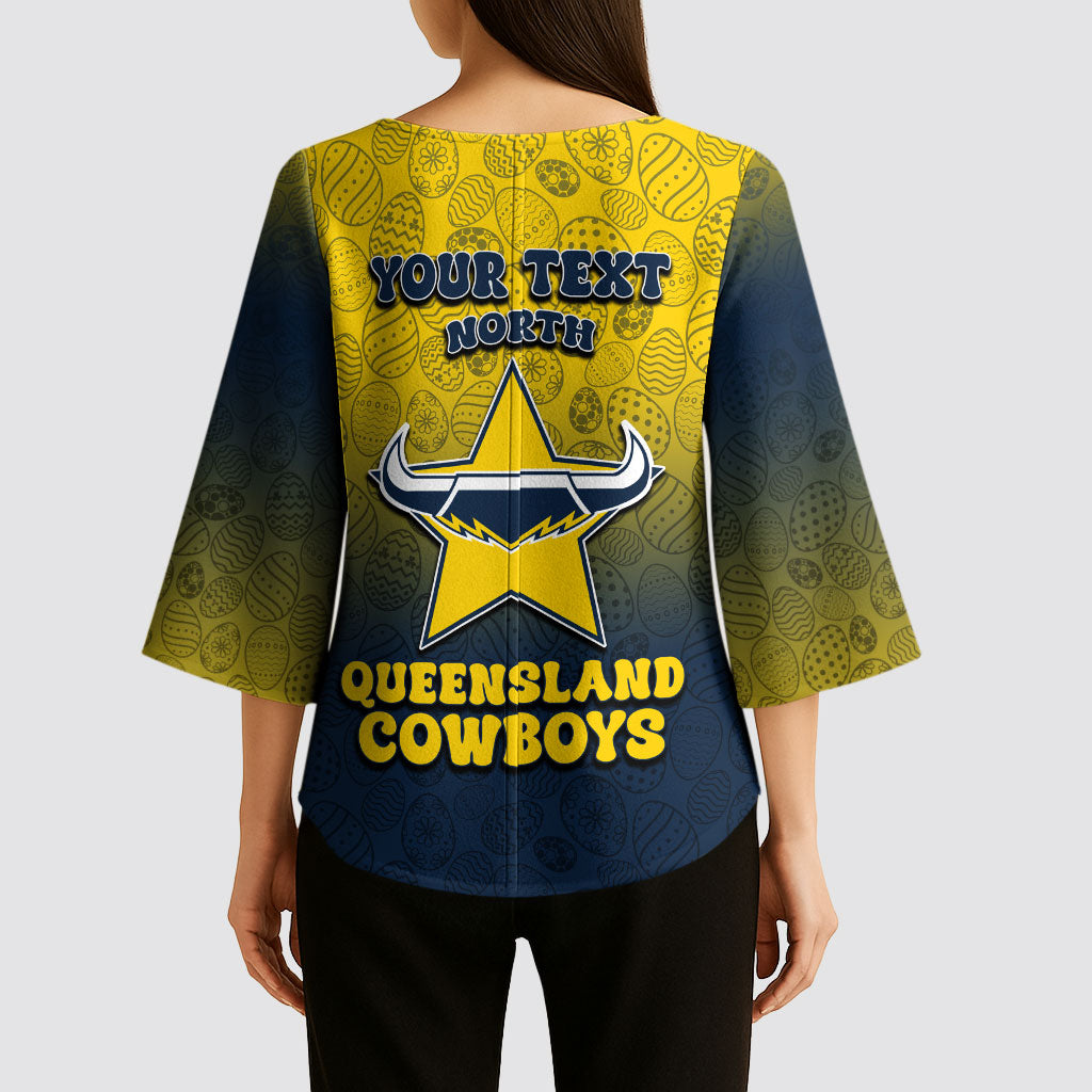Personalized North Queensland Cowboys Kimono Sleeve Blouse Easter Mascot - Colorful Eggs Cartoon Style