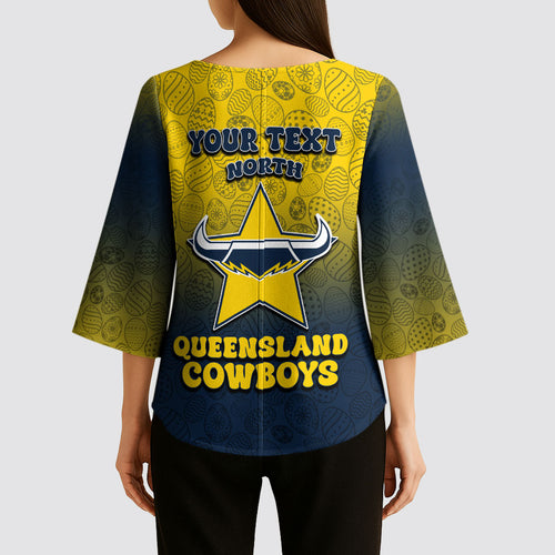 Personalized North Queensland Cowboys Kimono Sleeve Blouse Easter Mascot - Colorful Eggs Cartoon Style