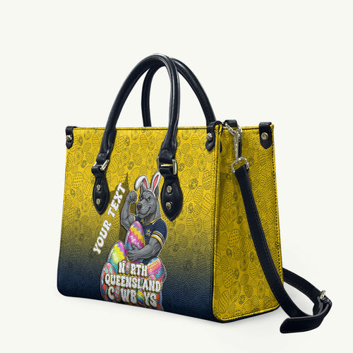 Personalized North Queensland Cowboys Leather Bag Easter Mascot - Colorful Eggs Cartoon Style