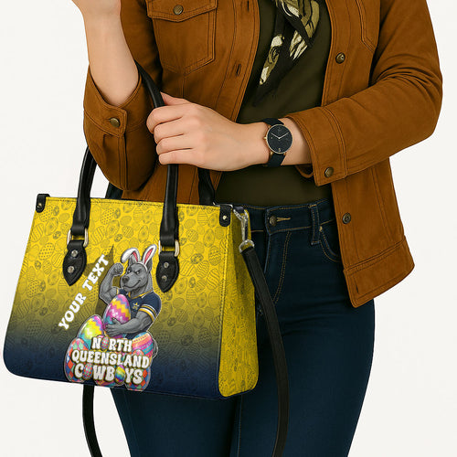 Personalized North Queensland Cowboys Leather Bag Easter Mascot - Colorful Eggs Cartoon Style