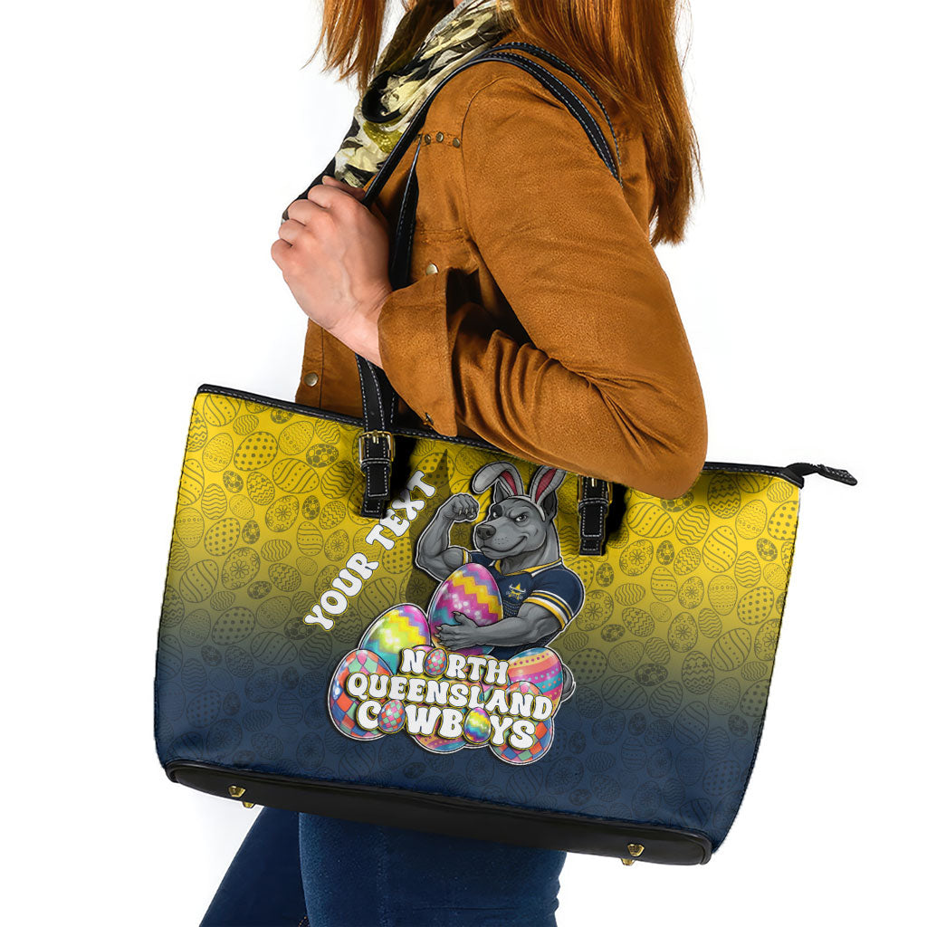 Personalized North Queensland Cowboys Leather Tote Bag Easter Mascot - Colorful Eggs Cartoon Style