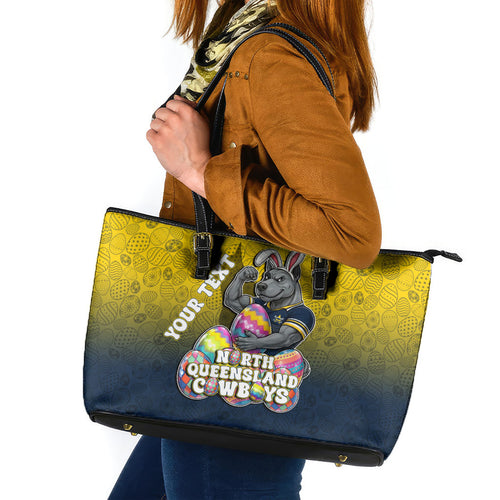 Personalized North Queensland Cowboys Leather Tote Bag Easter Mascot - Colorful Eggs Cartoon Style
