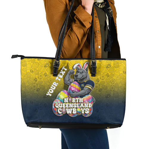 Personalized North Queensland Cowboys Leather Tote Bag Easter Mascot - Colorful Eggs Cartoon Style