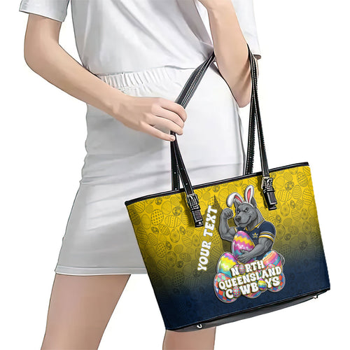 Personalized North Queensland Cowboys Leather Tote Bag Easter Mascot - Colorful Eggs Cartoon Style