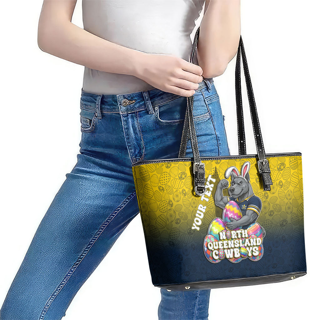 Personalized North Queensland Cowboys Leather Tote Bag Easter Mascot - Colorful Eggs Cartoon Style