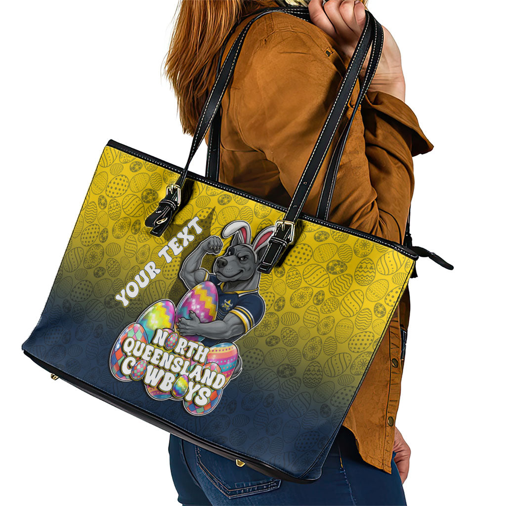 Personalized North Queensland Cowboys Leather Tote Bag Easter Mascot - Colorful Eggs Cartoon Style