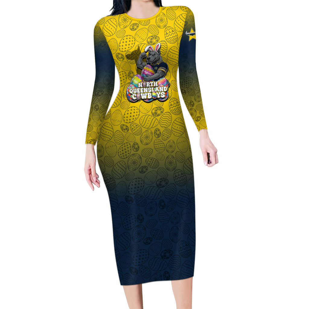 Personalized North Queensland Cowboys Long Sleeve Bodycon Dress Easter Mascot - Colorful Eggs Cartoon Style