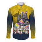 Personalized North Queensland Cowboys Long Sleeve Button Shirt Easter Mascot - Colorful Eggs Cartoon Style