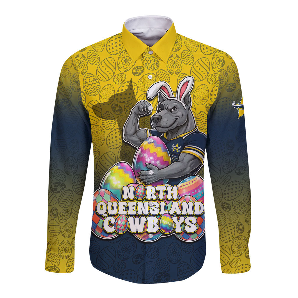 Personalized North Queensland Cowboys Long Sleeve Button Shirt Easter Mascot - Colorful Eggs Cartoon Style