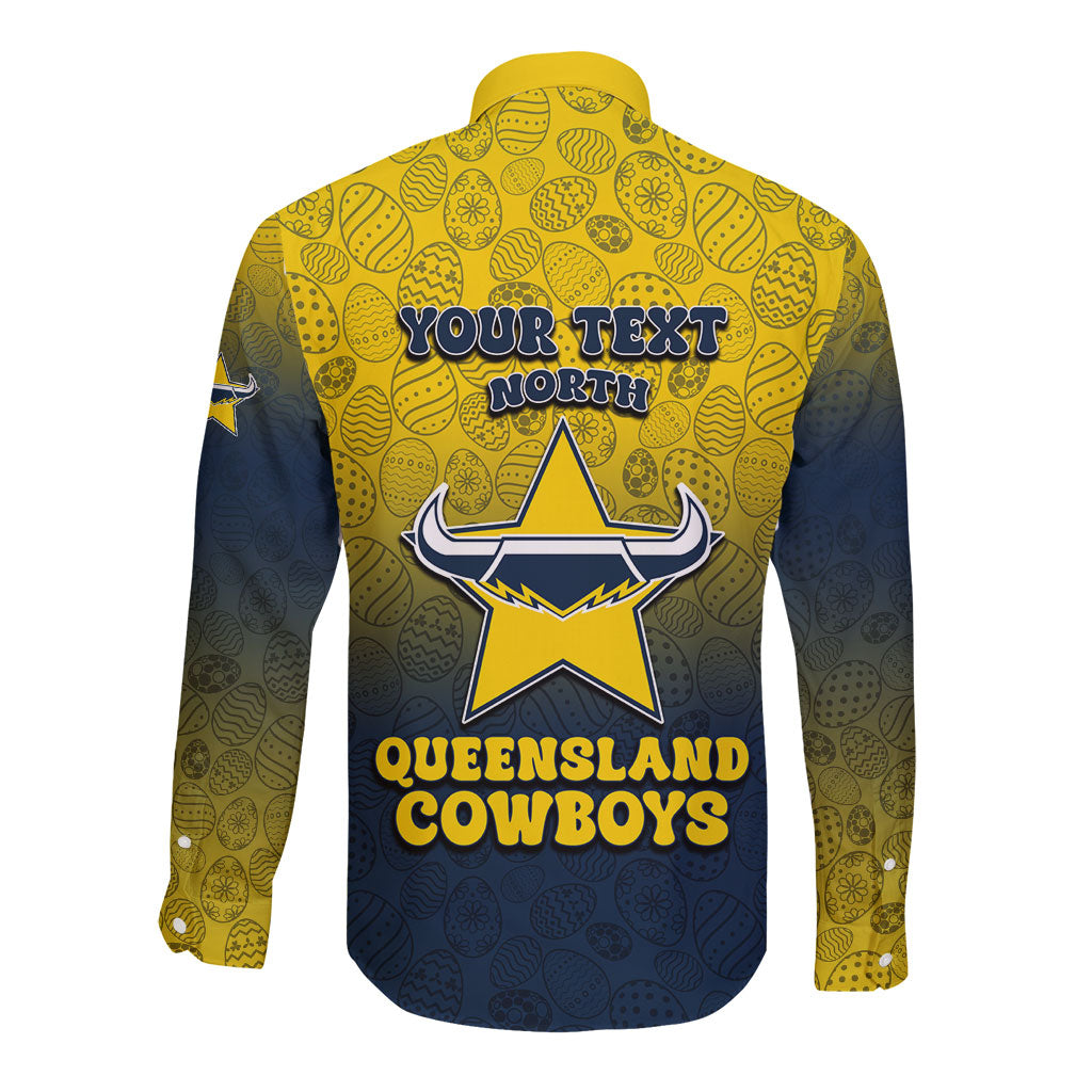 Personalized North Queensland Cowboys Long Sleeve Button Shirt Easter Mascot - Colorful Eggs Cartoon Style