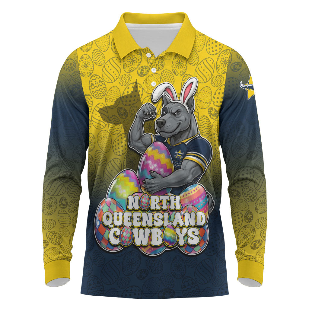 Personalized North Queensland Cowboys Long Sleeve Polo Shirt Easter Mascot - Colorful Eggs Cartoon Style