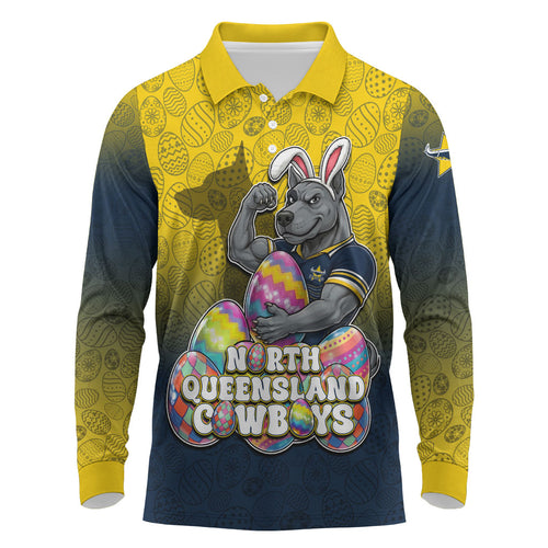 Personalized North Queensland Cowboys Long Sleeve Polo Shirt Easter Mascot - Colorful Eggs Cartoon Style