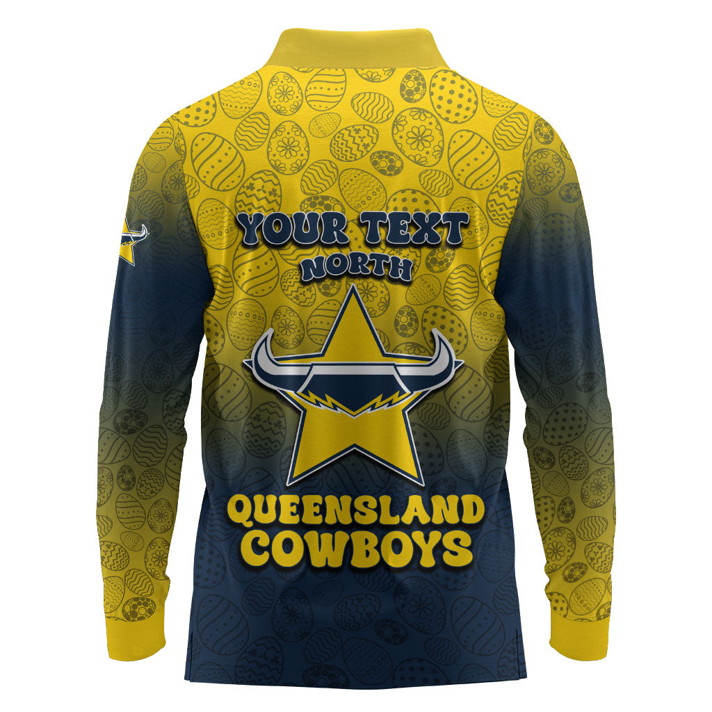 Personalized North Queensland Cowboys Long Sleeve Polo Shirt Easter Mascot - Colorful Eggs Cartoon Style