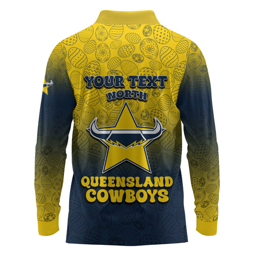Personalized North Queensland Cowboys Long Sleeve Polo Shirt Easter Mascot - Colorful Eggs Cartoon Style
