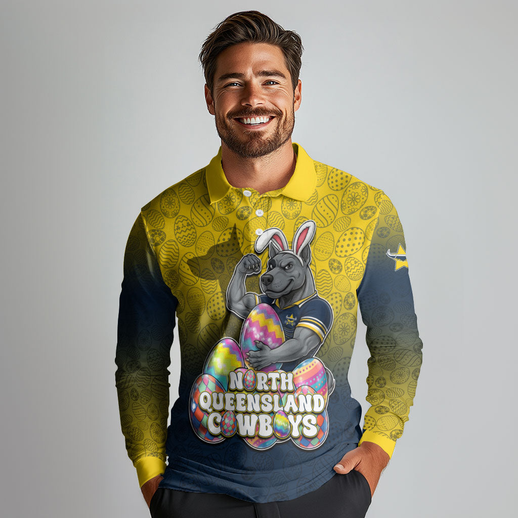Personalized North Queensland Cowboys Long Sleeve Polo Shirt Easter Mascot - Colorful Eggs Cartoon Style