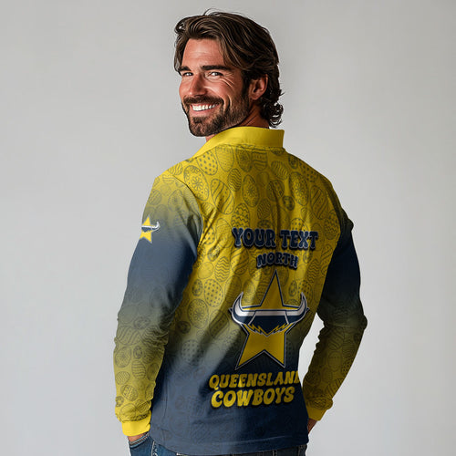 Personalized North Queensland Cowboys Long Sleeve Polo Shirt Easter Mascot - Colorful Eggs Cartoon Style