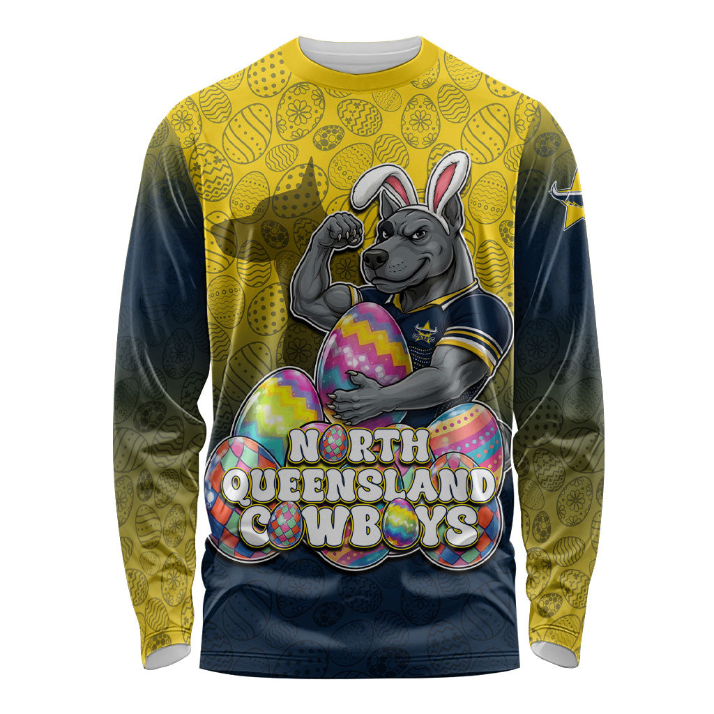 Personalized North Queensland Cowboys Long Sleeve Shirt Easter Mascot - Colorful Eggs Cartoon Style