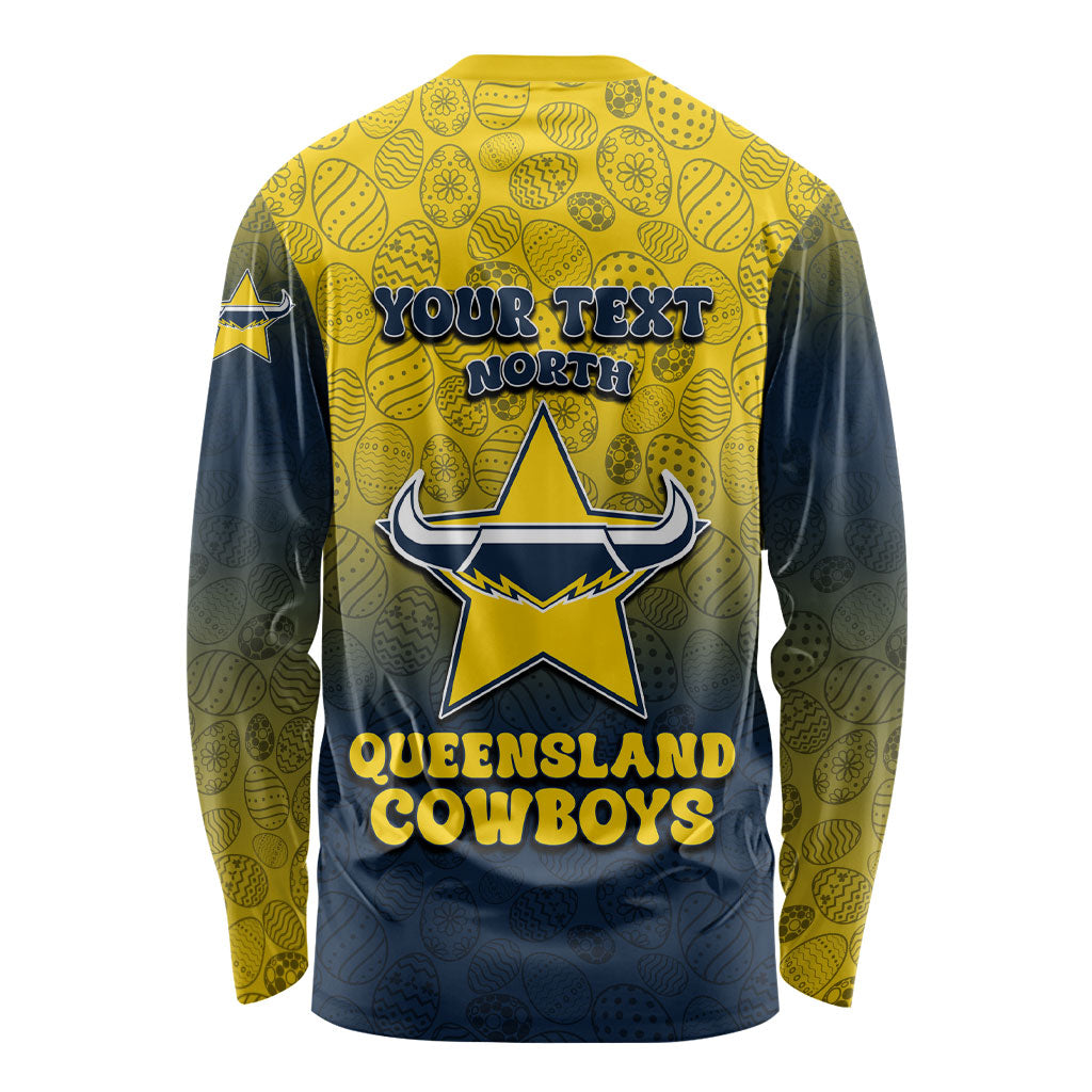 Personalized North Queensland Cowboys Long Sleeve Shirt Easter Mascot - Colorful Eggs Cartoon Style