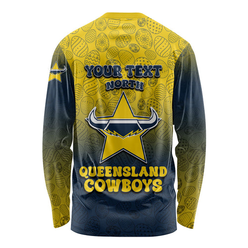 Personalized North Queensland Cowboys Long Sleeve Shirt Easter Mascot - Colorful Eggs Cartoon Style