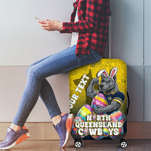 Personalized North Queensland Cowboys Luggage Cover Easter Mascot - Colorful Eggs Cartoon Style