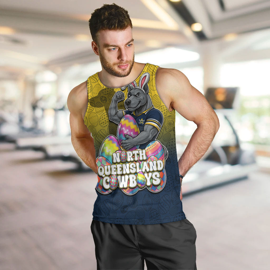 Personalized North Queensland Cowboys Men Tank Top Easter Mascot - Colorful Eggs Cartoon Style