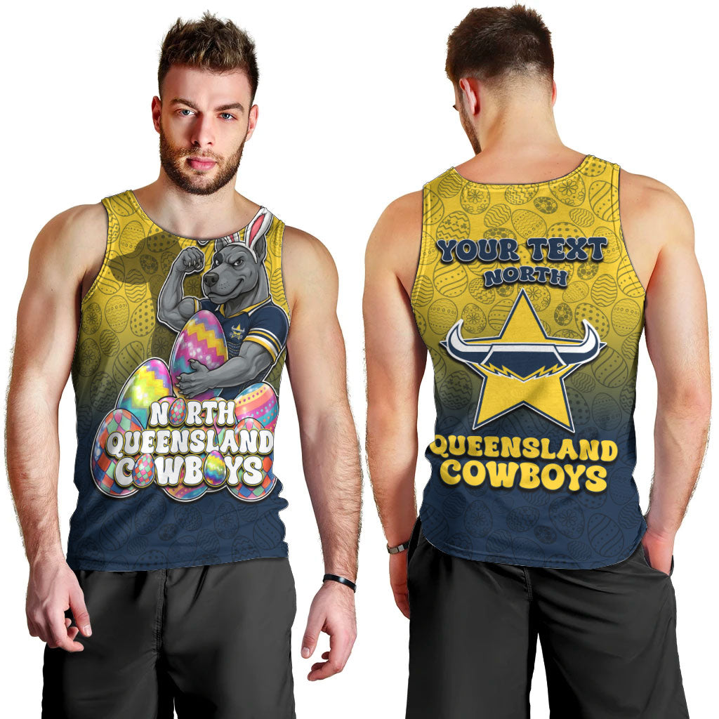 Personalized North Queensland Cowboys Men Tank Top Easter Mascot - Colorful Eggs Cartoon Style