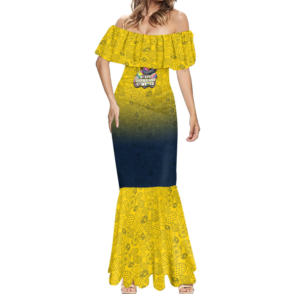 Personalized North Queensland Cowboys Mermaid Dress Easter Mascot - Colorful Eggs Cartoon Style