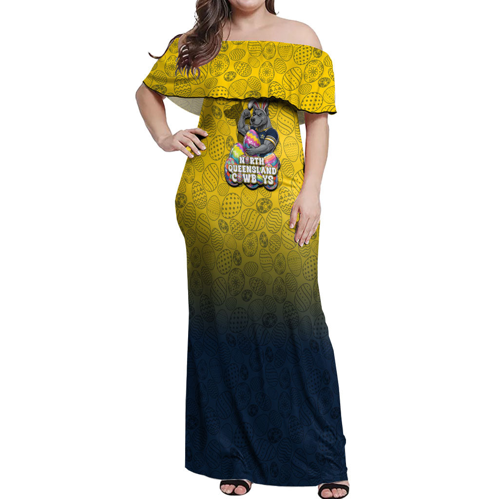 Personalized North Queensland Cowboys Off Shoulder Maxi Dress Easter Mascot - Colorful Eggs Cartoon Style