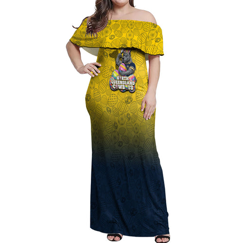Personalized North Queensland Cowboys Off Shoulder Maxi Dress Easter Mascot - Colorful Eggs Cartoon Style