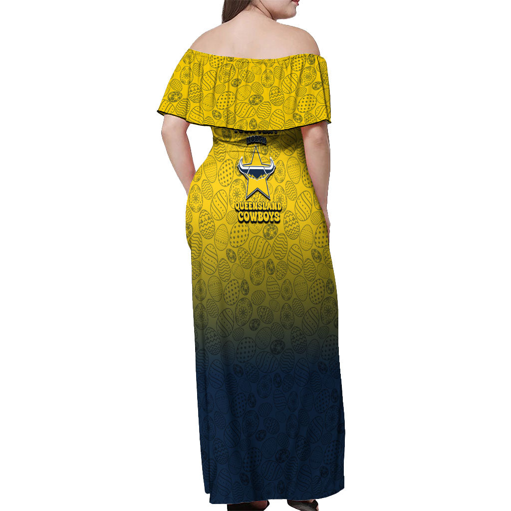 Personalized North Queensland Cowboys Off Shoulder Maxi Dress Easter Mascot - Colorful Eggs Cartoon Style
