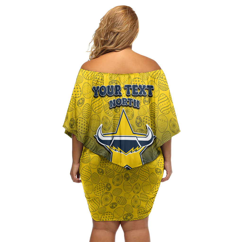 Personalized North Queensland Cowboys Off Shoulder Short Dress Easter Mascot - Colorful Eggs Cartoon Style
