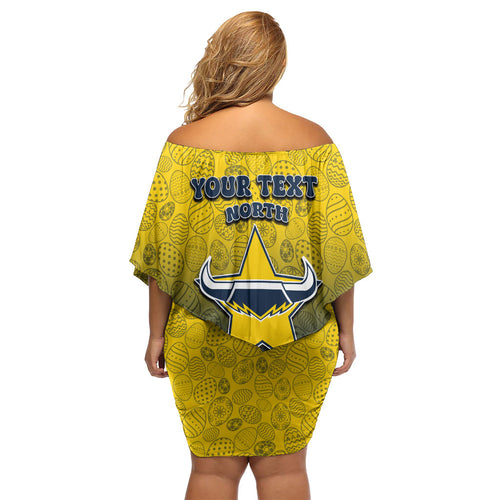 Personalized North Queensland Cowboys Off Shoulder Short Dress Easter Mascot - Colorful Eggs Cartoon Style