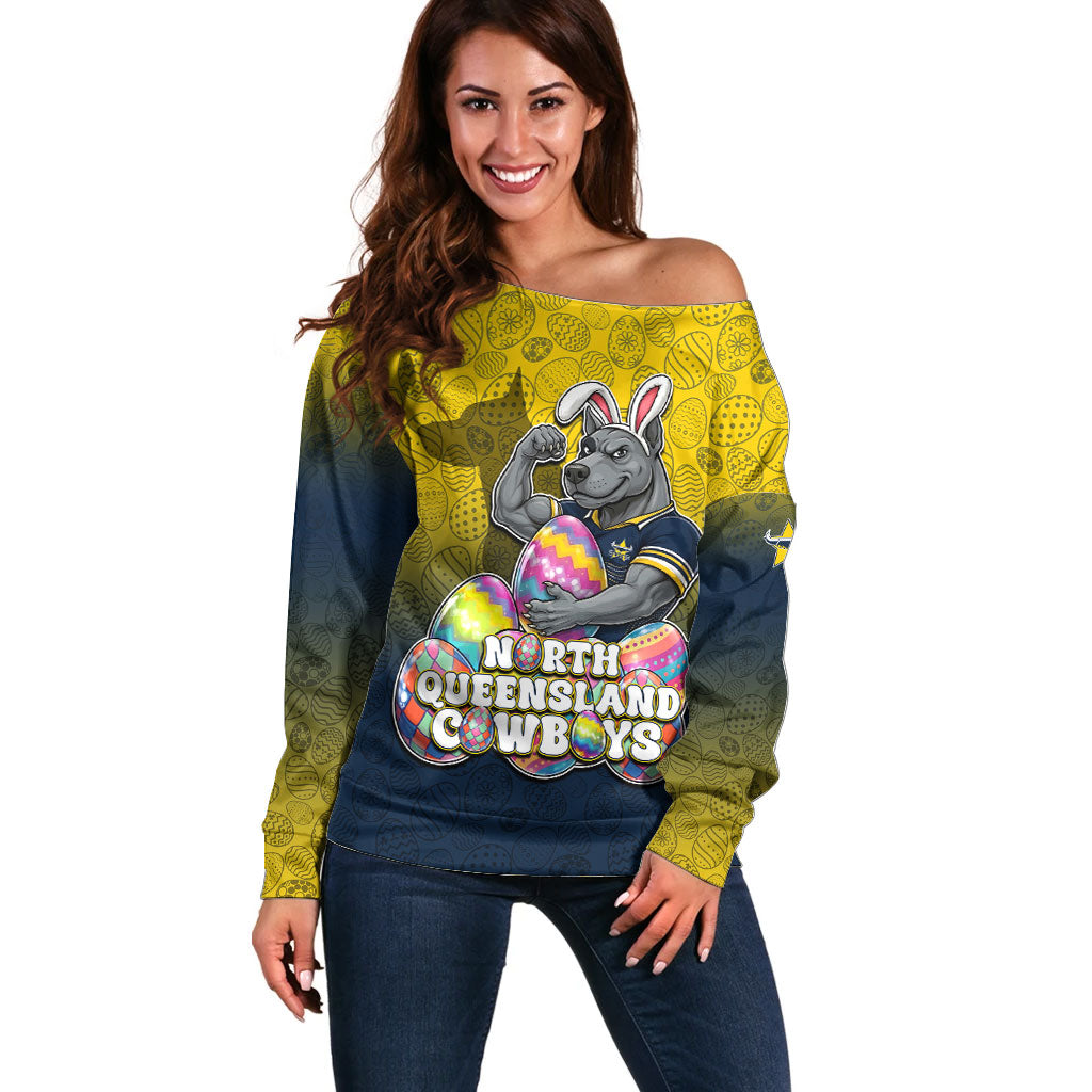 Personalized North Queensland Cowboys Off Shoulder Sweater Easter Mascot - Colorful Eggs Cartoon Style
