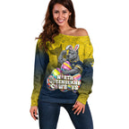 Personalized North Queensland Cowboys Off Shoulder Sweater Easter Mascot - Colorful Eggs Cartoon Style