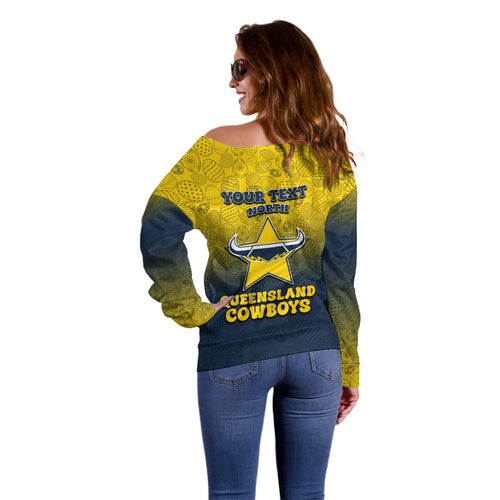 Personalized North Queensland Cowboys Off Shoulder Sweater Easter Mascot - Colorful Eggs Cartoon Style