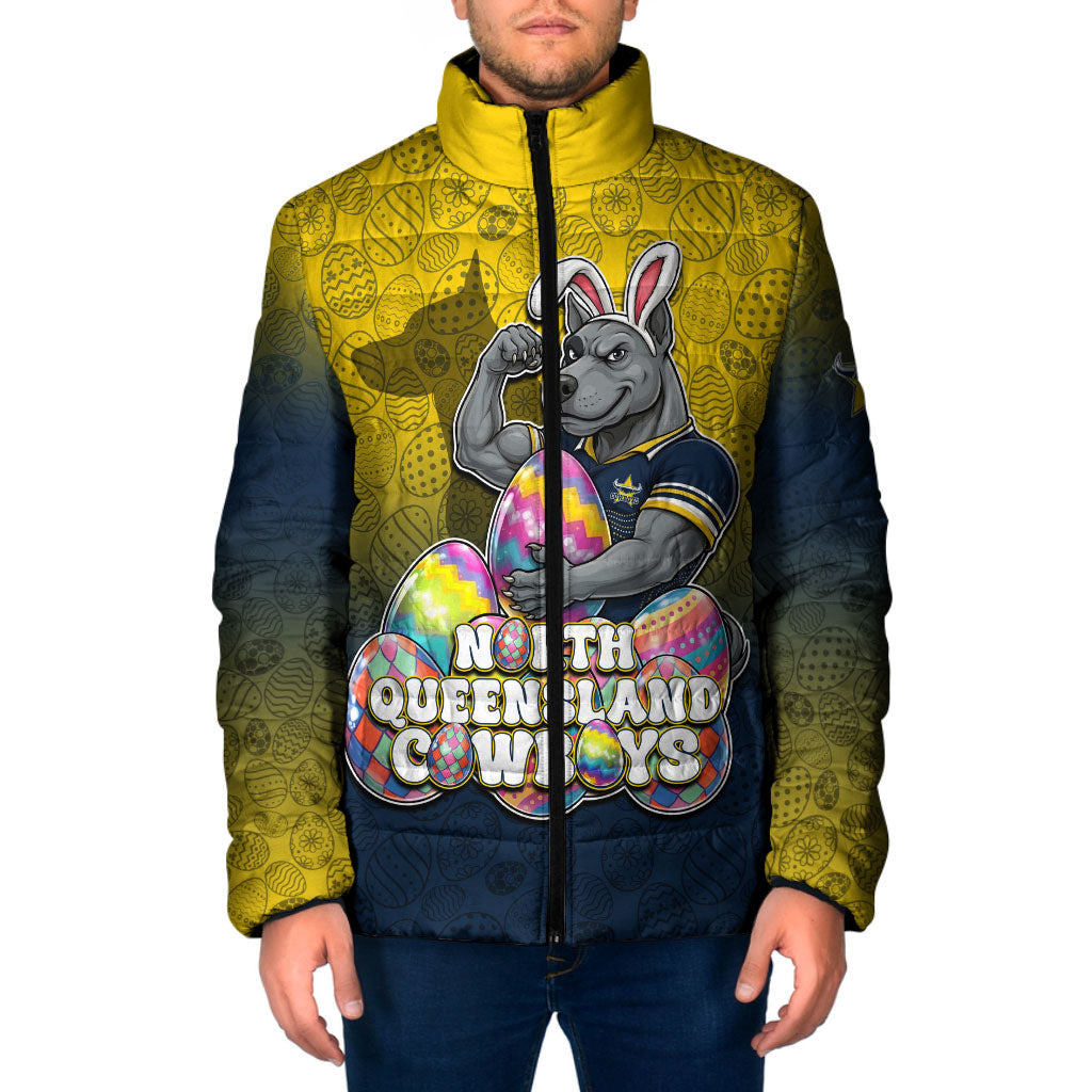 Personalized North Queensland Cowboys Padded Jacket Easter Mascot - Colorful Eggs Cartoon Style