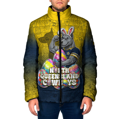 Personalized North Queensland Cowboys Padded Jacket Easter Mascot - Colorful Eggs Cartoon Style