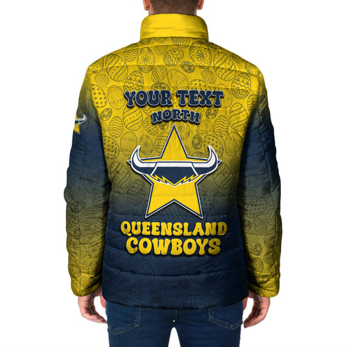 Personalized North Queensland Cowboys Padded Jacket Easter Mascot - Colorful Eggs Cartoon Style