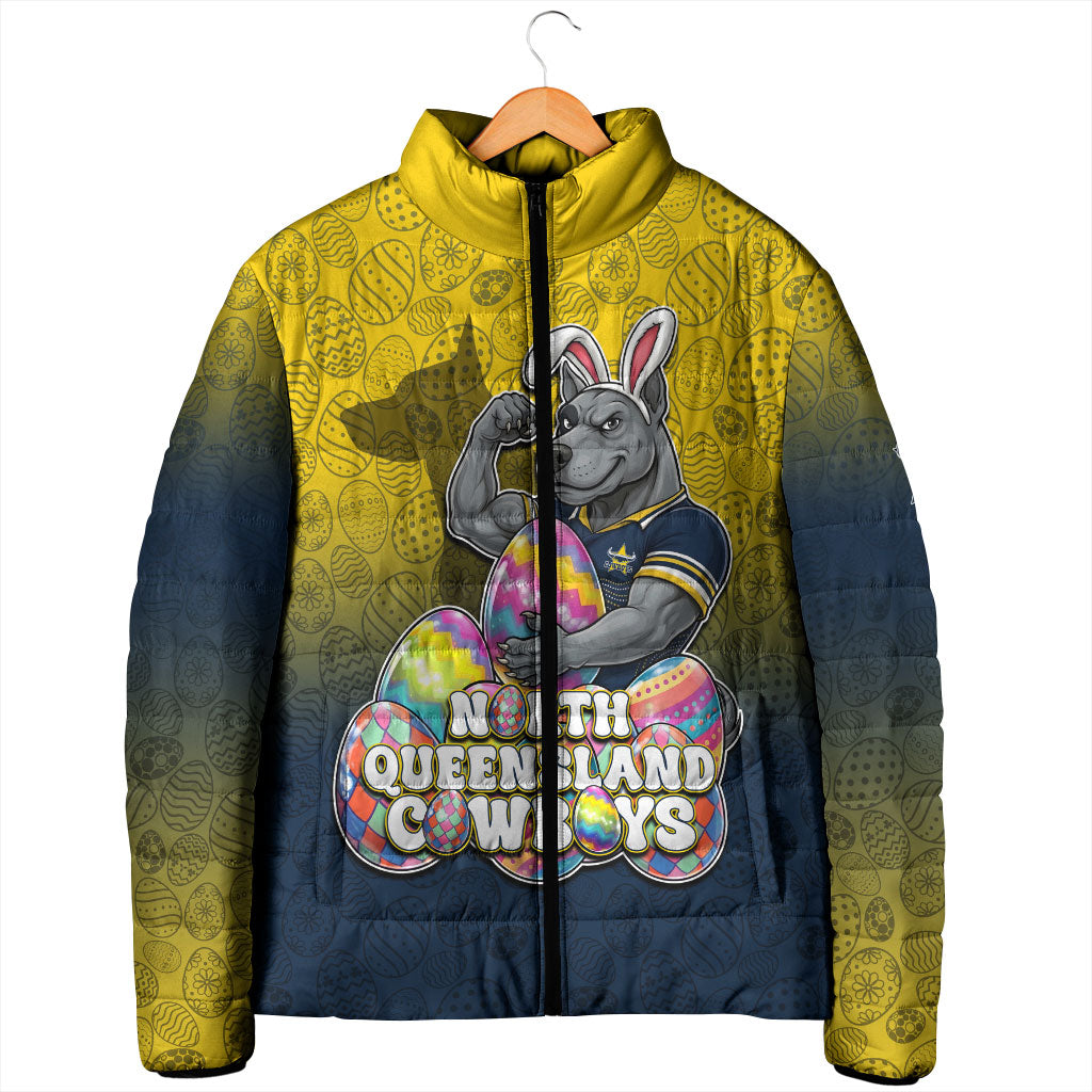 Personalized North Queensland Cowboys Padded Jacket Easter Mascot - Colorful Eggs Cartoon Style