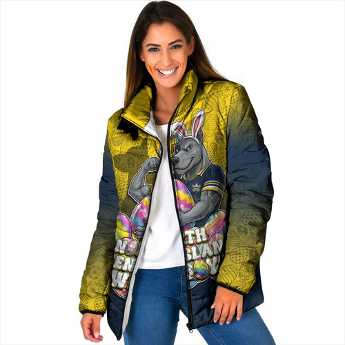 Personalized North Queensland Cowboys Padded Jacket Easter Mascot - Colorful Eggs Cartoon Style
