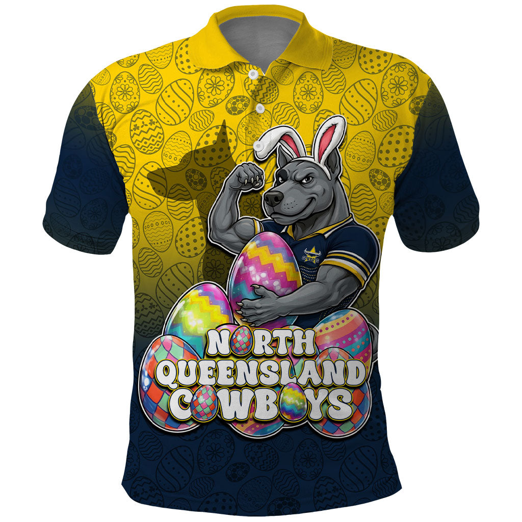Personalized North Queensland Cowboys Polo Shirt Easter Mascot - Colorful Eggs Cartoon Style