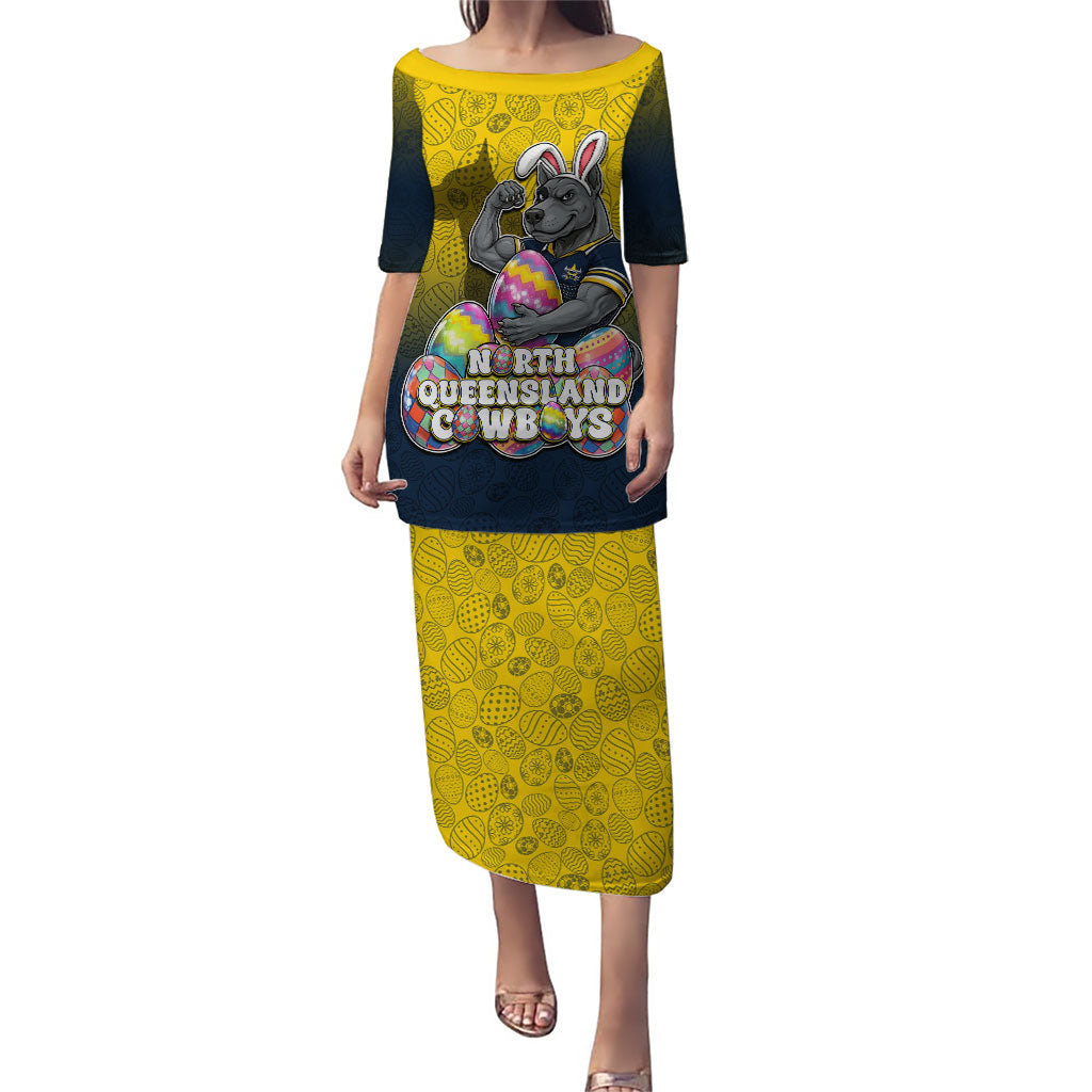 Personalized North Queensland Cowboys Puletasi Easter Mascot - Colorful Eggs Cartoon Style