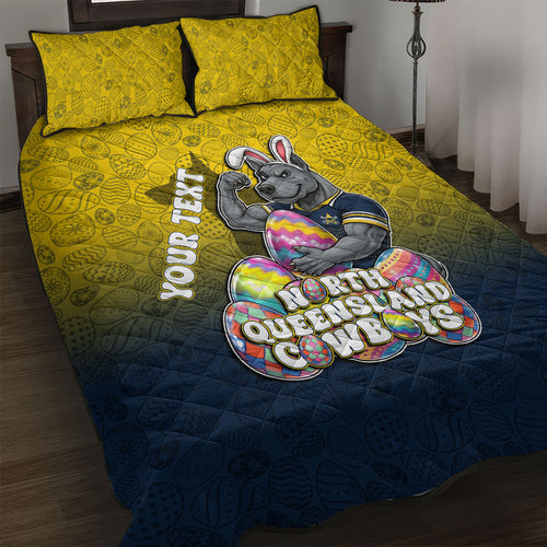 Personalized North Queensland Cowboys Quilt Bed Set Easter Mascot - Colorful Eggs Cartoon Style